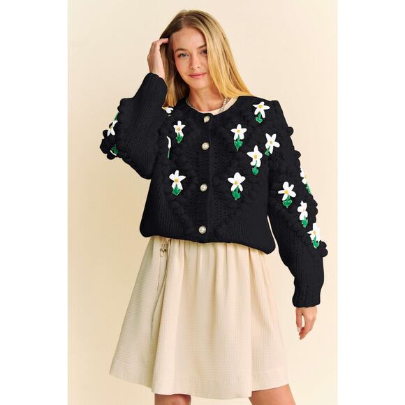 Davi & Dani Embellishments Floral Print Button Up Chunky Knit Cardigan | Black - Picture 3 of 9